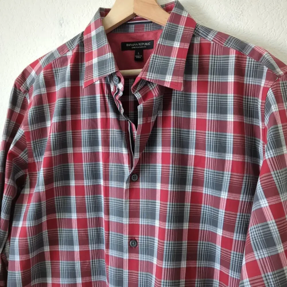 Banana Republic Mens Button‎ Up Shirt Red Gray Plaid Long Sleeve Slim Fit Large